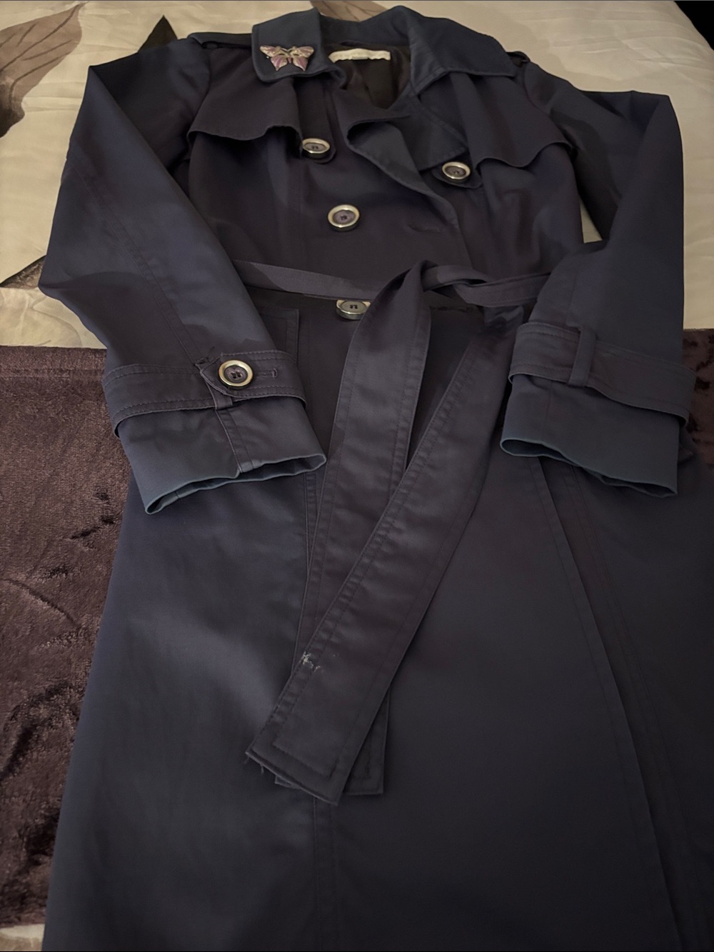 New York & Company Plum Double-Breasted Trench Coat with Belt